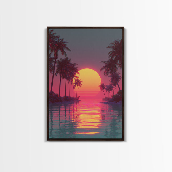 Retro Futuristic Vibrant Palm Trees Sunset With Neon Pink Sky Canvas Print Tropical Wall Art Coastal Decor Modern Wall Art