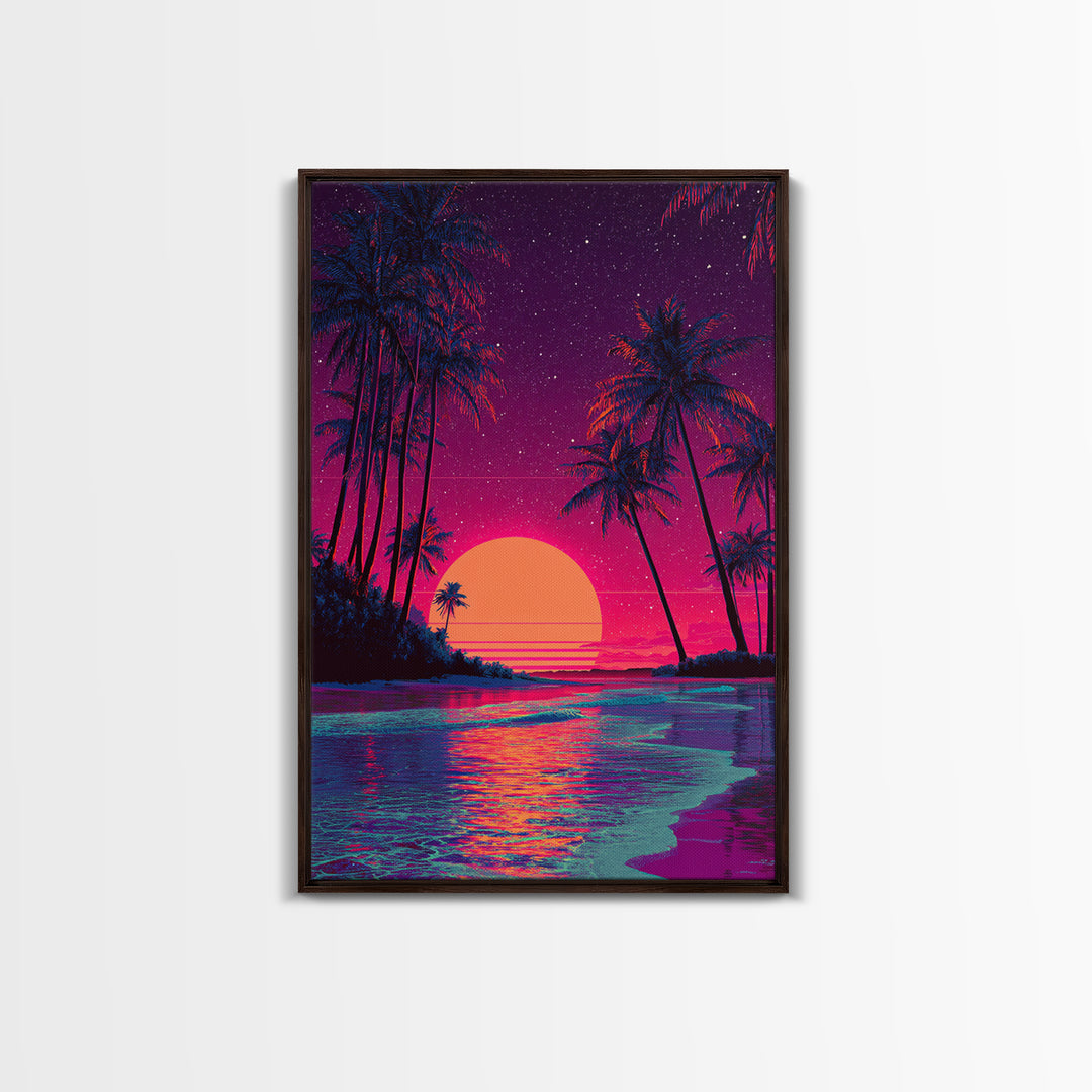 Retro Tropical Sunset With Palm Trees And Starry Sky Wall Art Canvas Print For Boho And Coastal Bedroom Decor