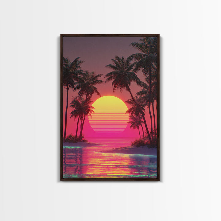 Dreamy Pink Sunset Tropical Island Palm Trees Calm Water Canvas Print Wall Art For Coastal Home Decor