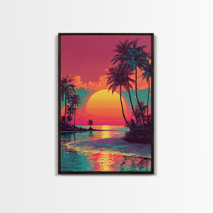 Vibrant Sunset Tropical Landscape With Palm Trees And Ocean View - Framed Canvas Print Coastal Wall Art For Home Decor