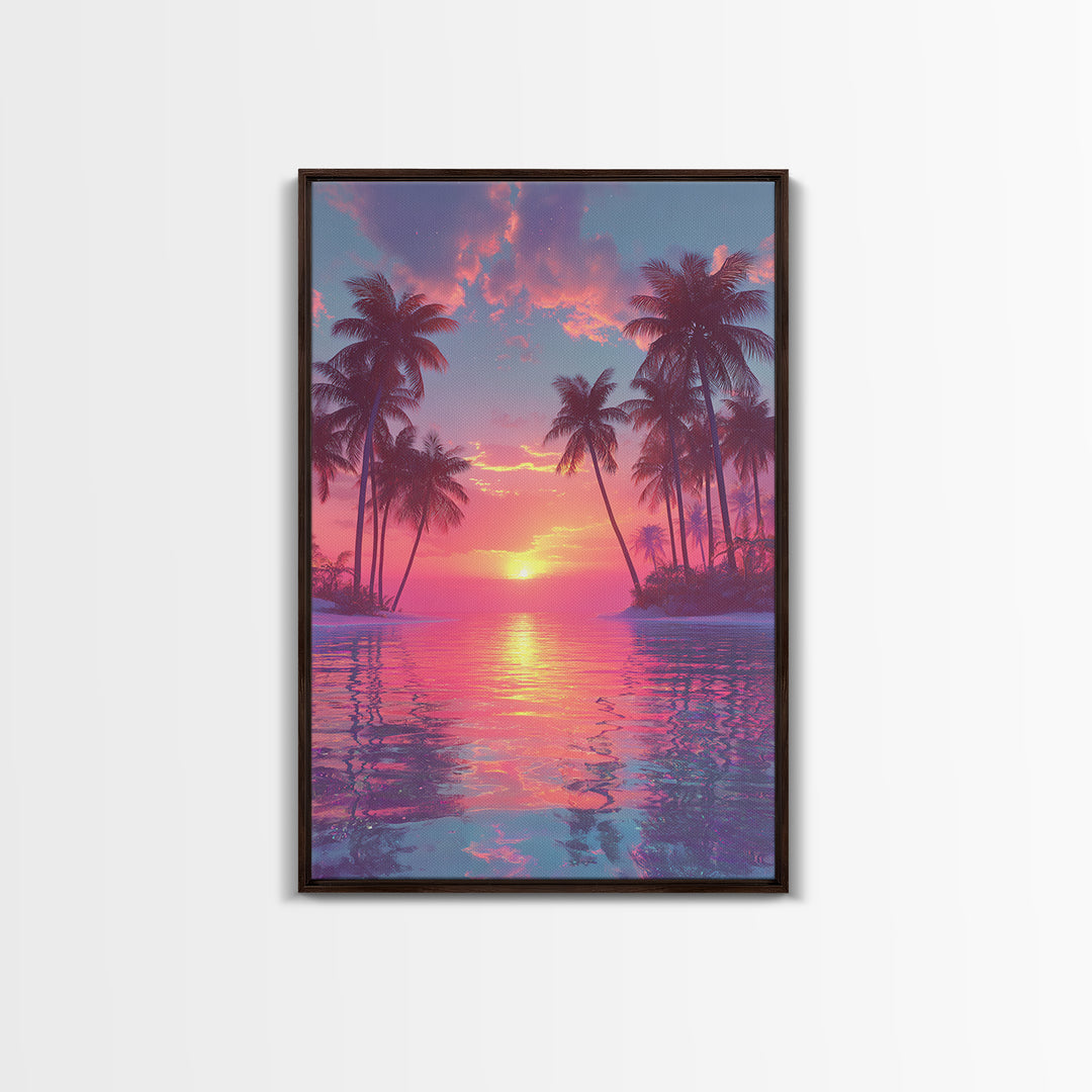 Tropical Sunset Palm Trees Over Water Vibrant Pink And Orange Sky Canvas Print For Modern Wall Art And Home Decor