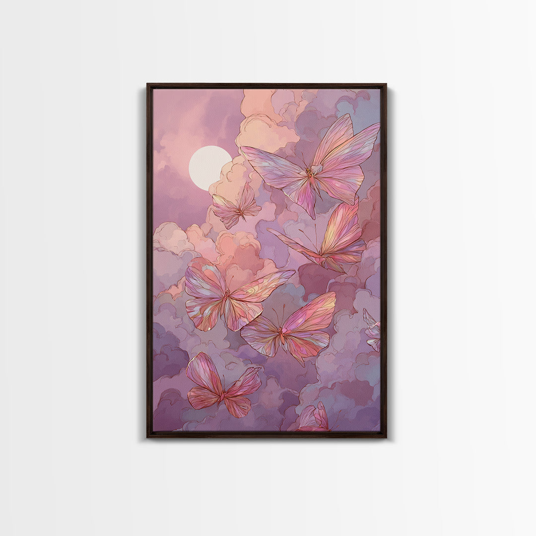 Pink Butterfly Moonlit Clouds Wall Art, Whimsical Nursery Decor, Celestial Art Print, Pastel Girls Room Decor, Gift For Her