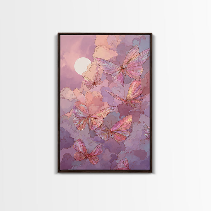 Pink Butterfly Moonlit Clouds Wall Art, Whimsical Nursery Decor, Celestial Art Print, Pastel Girls Room Decor, Gift For Her