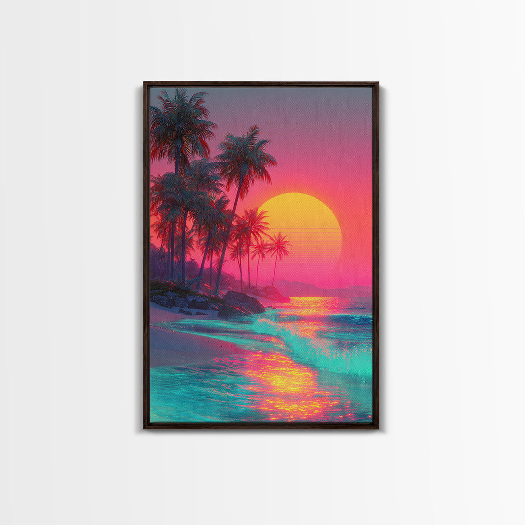 Tropical Beach With Palm Trees And Vibrant Sunset Reflections Large Framed Canvas Print Wall Art