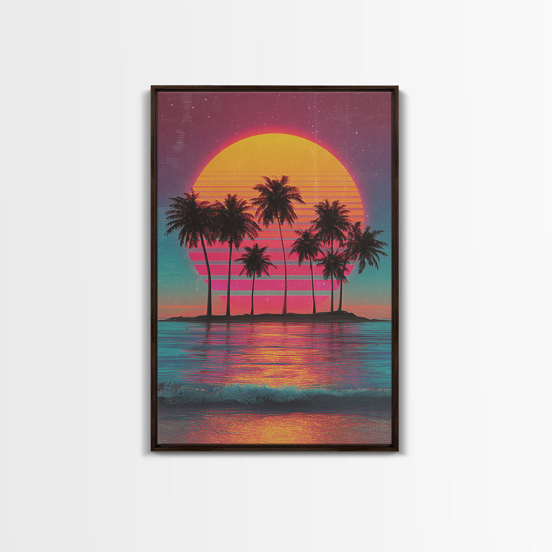 Retro Sunset With Palm Trees Against Gradient Sky Vibrant Framed Canvas Print For Tropical Wall Art And Home Decor