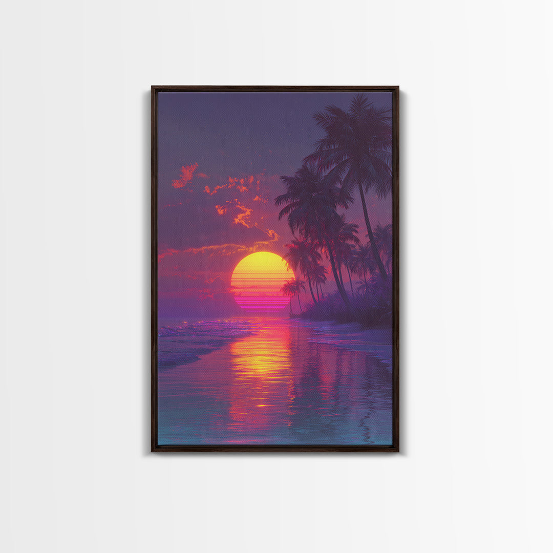 Neon Retro Sports Car At Night With Palm Trees Vibrant Cityscape Large Wall Art Framed Canvas Print Modern Decor