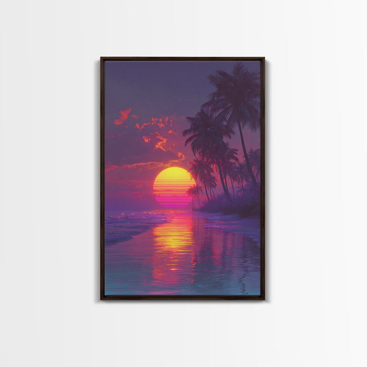 Neon Retro Sports Car At Night With Palm Trees Vibrant Cityscape Large Wall Art Framed Canvas Print Modern Decor