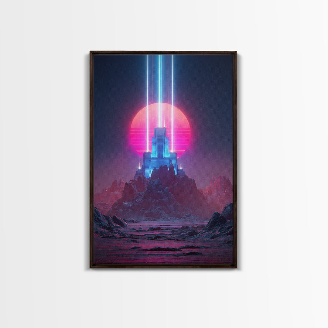 Retro Futuristic Neon Cityscape Digital Art Modern Wall Art Framed Canvas Print For Home Decor