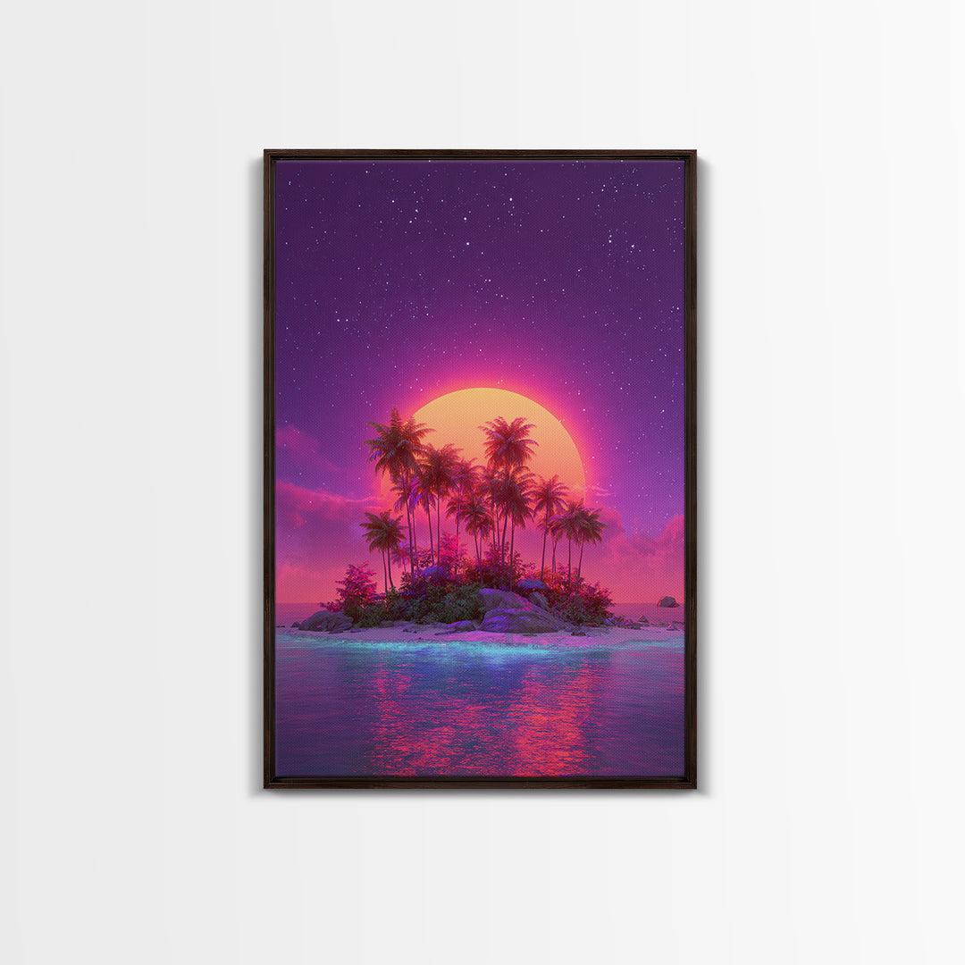 Neon Sunset Tropical Island With Palm Trees Canvas Print Vibrant Wall Art For Coastal Decor And Trendy Home Decor