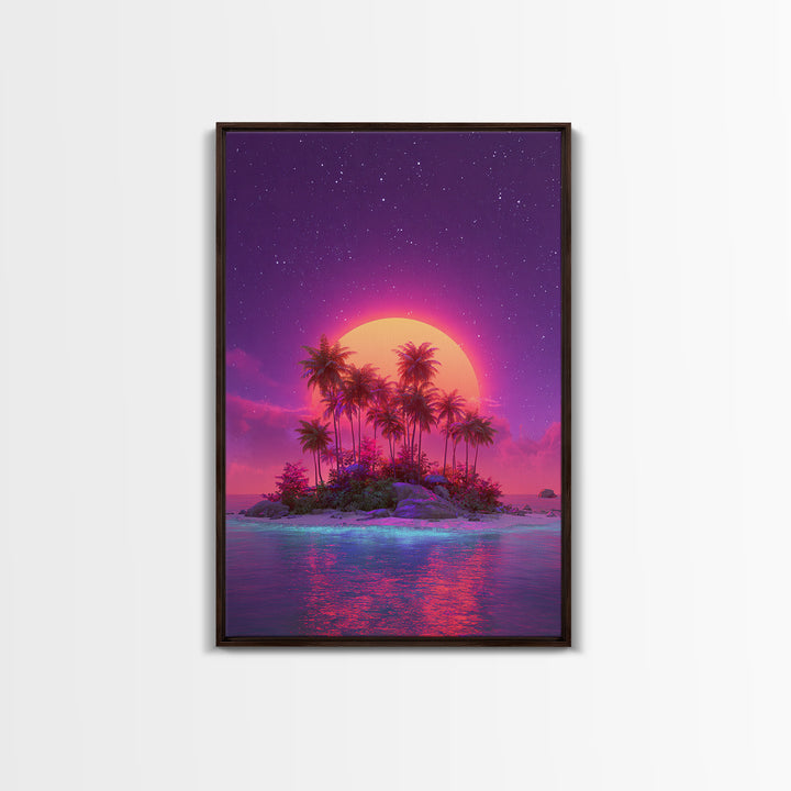 Neon Sunset Tropical Island With Palm Trees Canvas Print Vibrant Wall Art For Coastal Decor And Trendy Home Decor