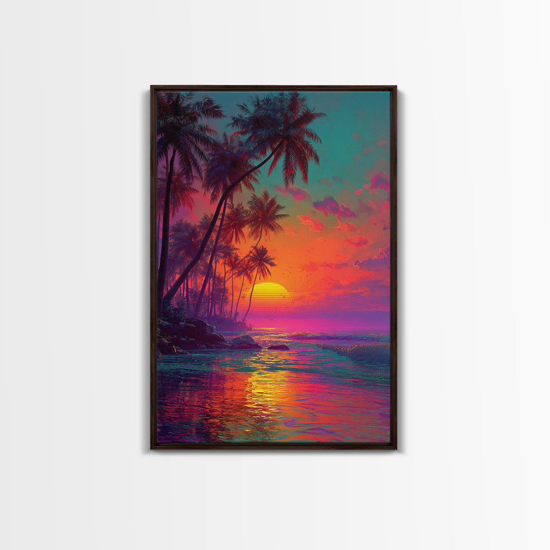 Vibrant Tropical Sunset With Palm Trees Over Ocean Framed Canvas Print Perfect For Coastal Home Decor