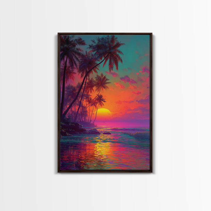 Vibrant Tropical Sunset With Palm Trees Over Ocean Framed Canvas Print Perfect For Coastal Home Decor
