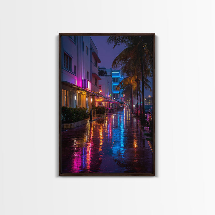Vibrant Neon Miami Street Nightscape With Palm Trees Digital Wall Art Canvas Print For Chic Living Room Home Decor