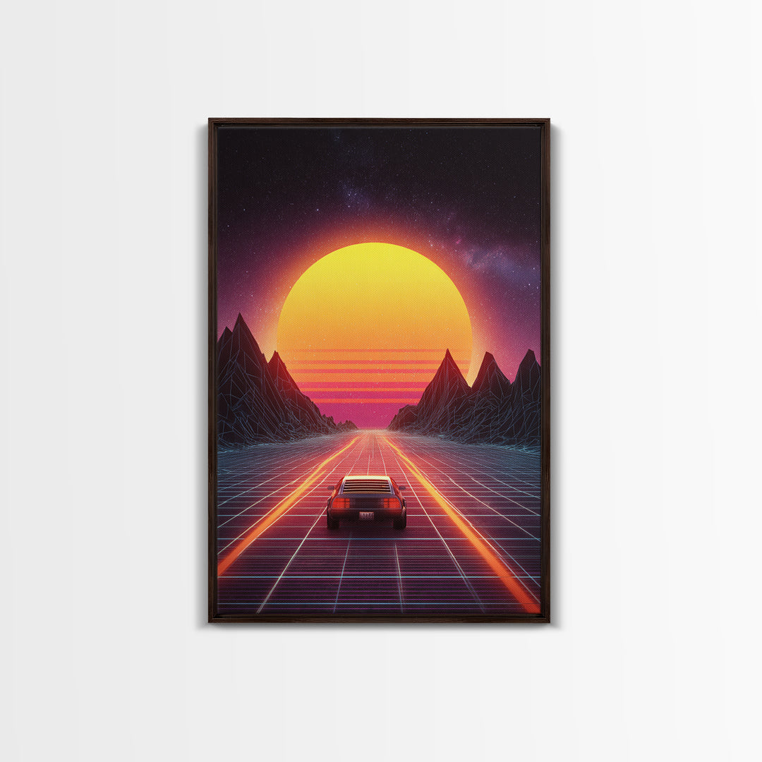 Vibrant Retro Futuristic Road Landscape Canvas Print With Neon Sunset And Car Driving Through Digital Mountains