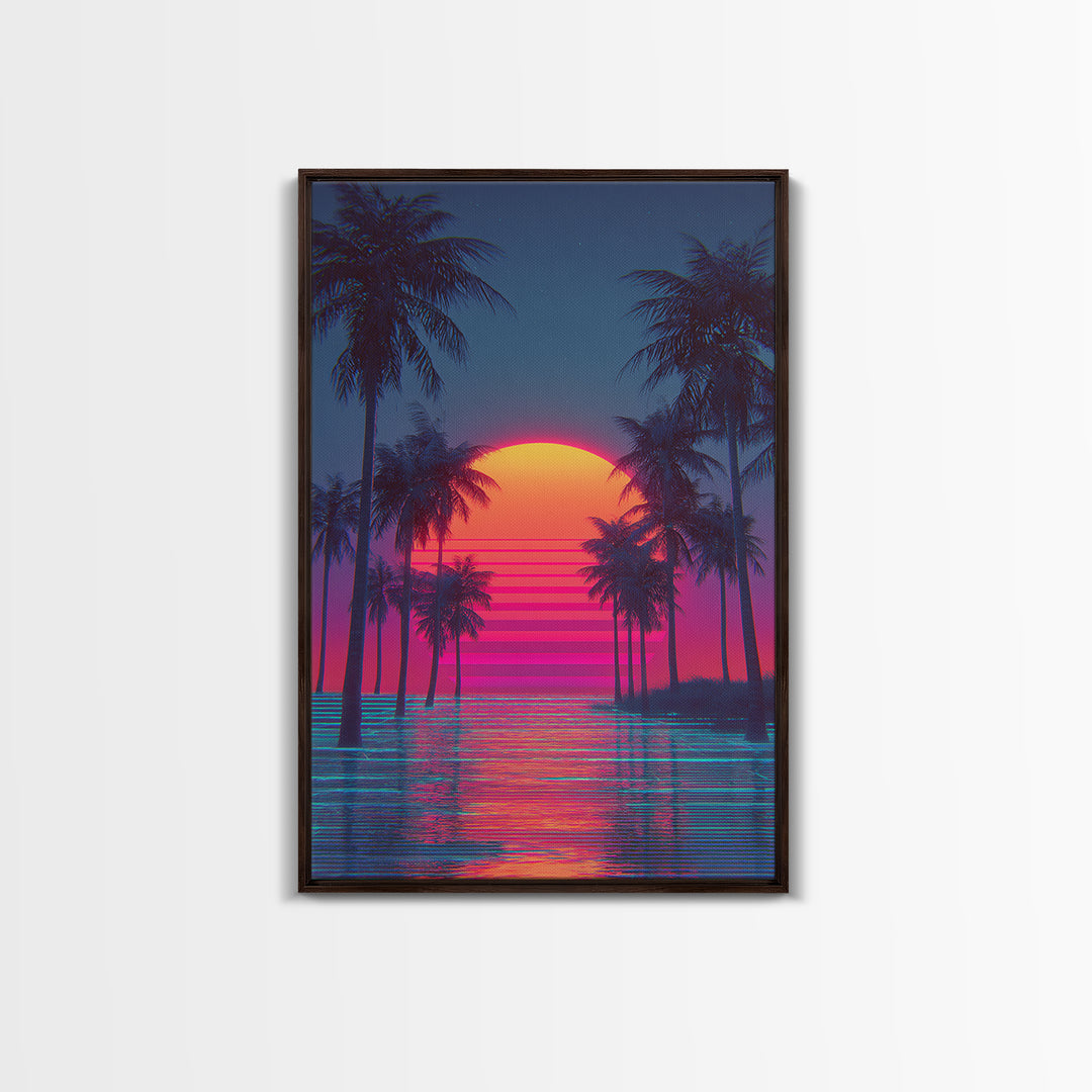 Sunset Over Tropical Beach With Palm Trees Vibrant Coastal Wall Art Canvas Print
