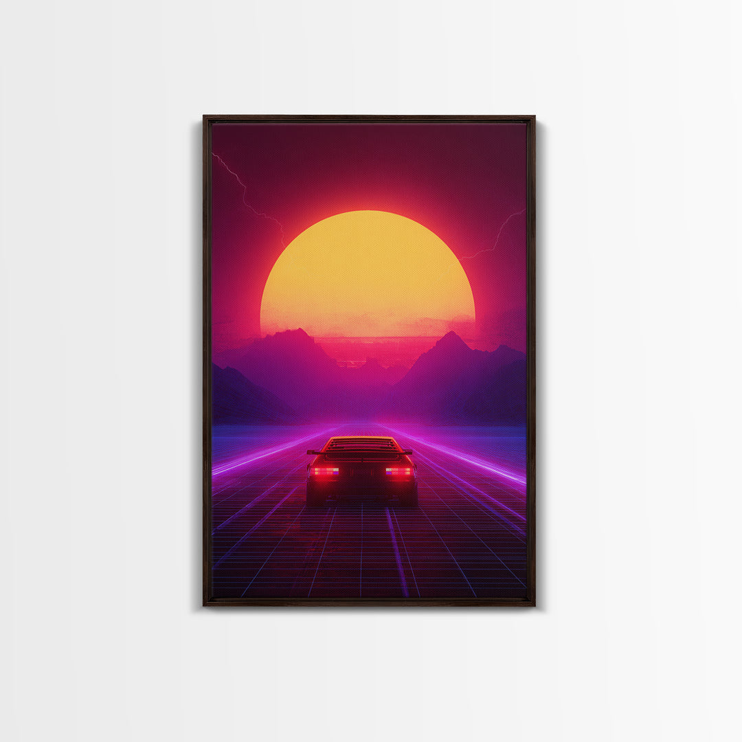 Synthwave Retro Neon Landscape With Sports Car And Palm Trees Under Glowing Sunset Canvas Print For Vaporwave Wall Art And Modern Decor