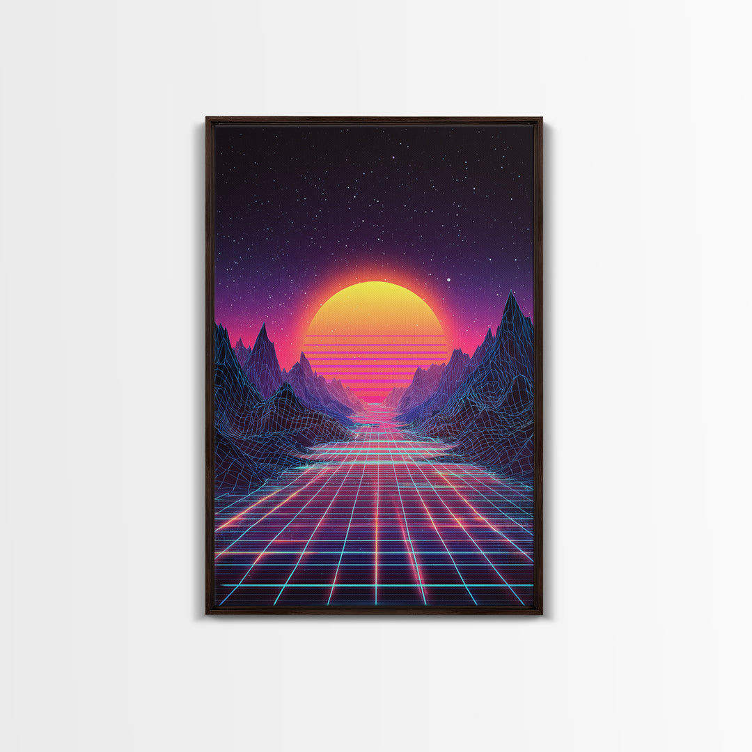 Retro Neon Landscape With Glowing Sun And Grid River Abstract Digital Wall Art Canvas Print For Modern Room