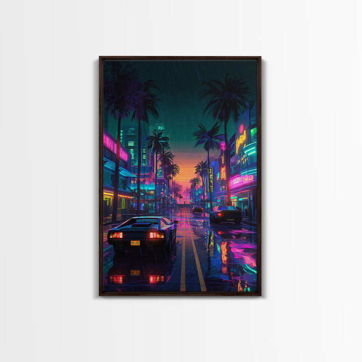 Neon City Rainy Night Street Retro Futuristic Art Print With Car Reflections And Palm Trees Canvas Print For Modern Wall Decor