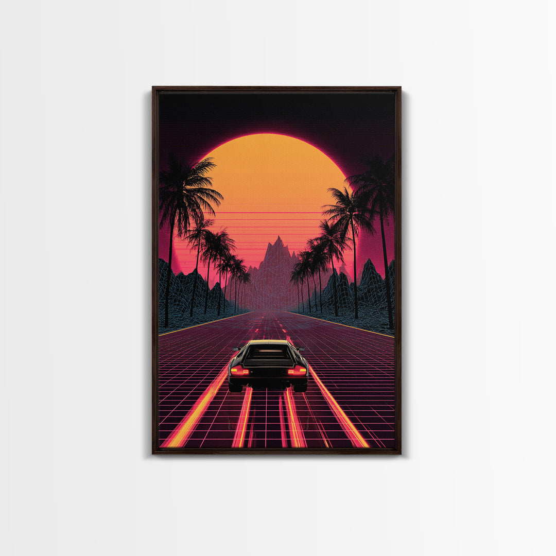 Retro Futuristic Neon Sunset Road With Laser Grid And Sports Car Canvas Print For Modern Wall Art Cyberpunk Decor And Gaming Room Decor