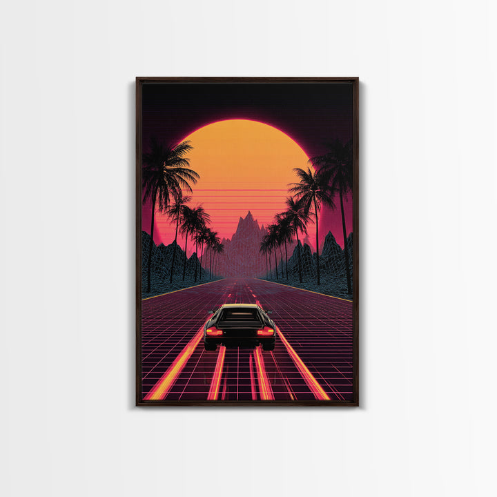 Retro Futuristic Neon Sunset Road With Laser Grid And Sports Car Canvas Print For Modern Wall Art Cyberpunk Decor And Gaming Room Decor