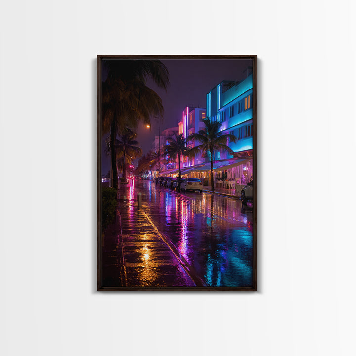 Neon City Street Rain Reflection Wall Art Vibrant Urban Nightscape Canvas Print For Modern Home Decor