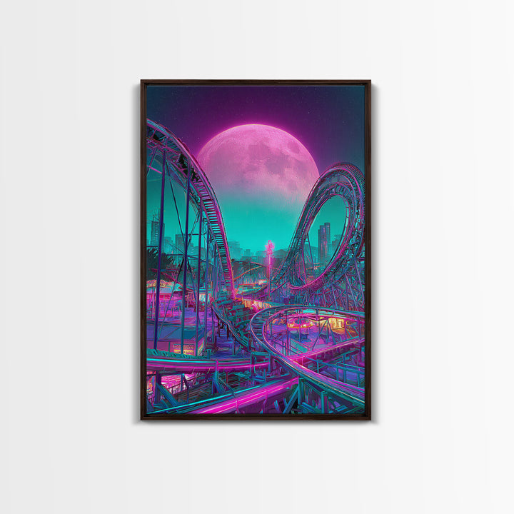 Vibrant Retro Futuristic Roller Coaster Scene With Neon Pink Moon Wall Art Canvas Print For Gamers Room Decor