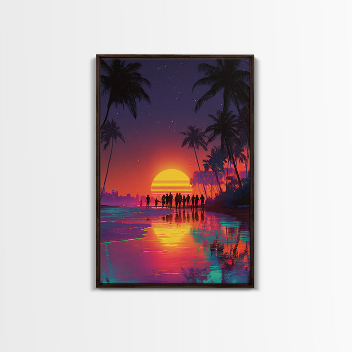 Modern Vibrant Sunset Beach Scene With People Silhouettes Wall Art Framed Canvas Print For Coastal Home Decor