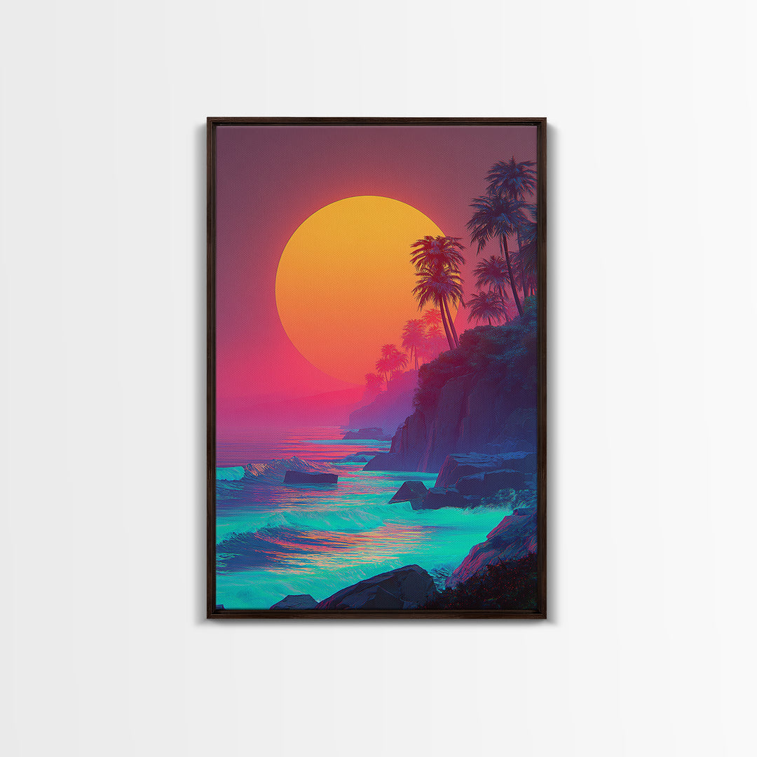 Vibrant Tropical Sunset With Palm Trees Ocean Coastline Digital Painting Canvas Print Modern Wall Art For Home Decor