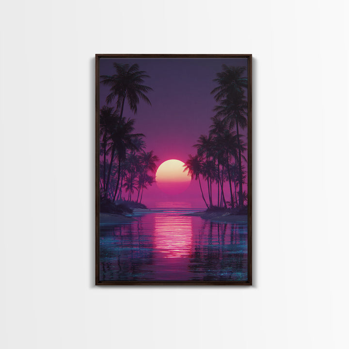 Gentle Pink Purple Tropical Sunset Over Calm Ocean With Palm Trees Wall Art For Relaxing Bedroom Decor