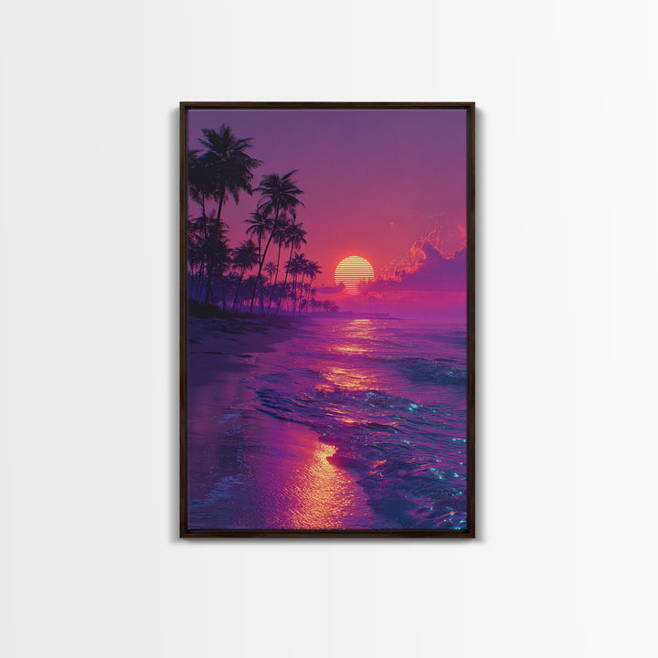 Vibrant Retro Sunset Beach Scene With Palm Trees Silhouettes Wall Art Canvas Print For Home Decor And Living Room