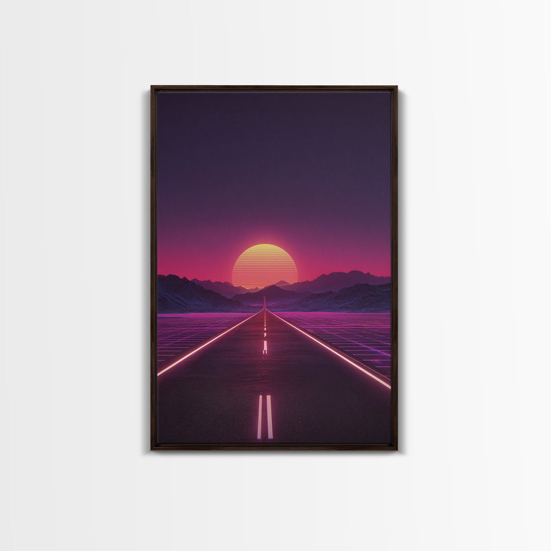 Offbeat Neon Retro Futuristic Road Sunset Digital Art Wall Art Canvas Print Trendy Modern Decor For Bedroom And Office