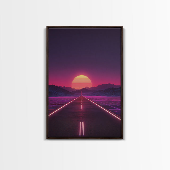 Offbeat Neon Retro Futuristic Road Sunset Digital Art Wall Art Canvas Print Trendy Modern Decor For Bedroom And Office