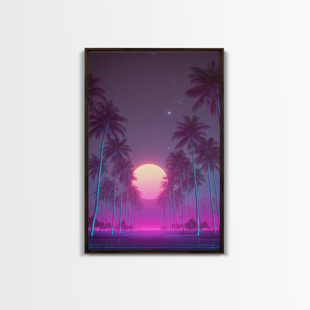 Retro Futuristic Neon Highway Leading To Large Vibrant Sun Over Palm Trees Digital Canvas Print Wall Art