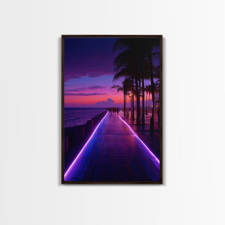 Neon Purple Boardwalk With Palm Trees At Twilight Coastal Photography - Canvas Print Modern Wall Art For Home Decor