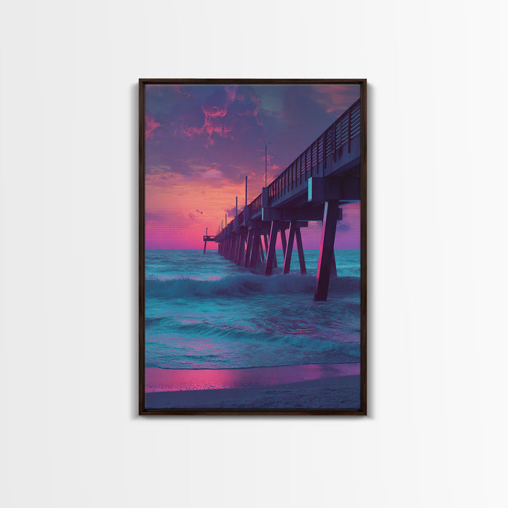 Mystical Purple And Blue Ocean Pier Sunset Wall Art Print For Beach House And Coastal Decor Canvas Print