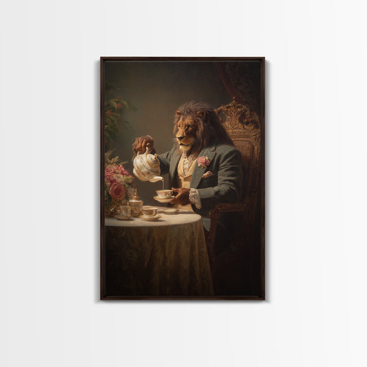 Regal Lion Pouring Tea In Victorian Parlor Canvas Print, Whimsical Animal Wall Art, Dark Academia Dining Room Decor Gift