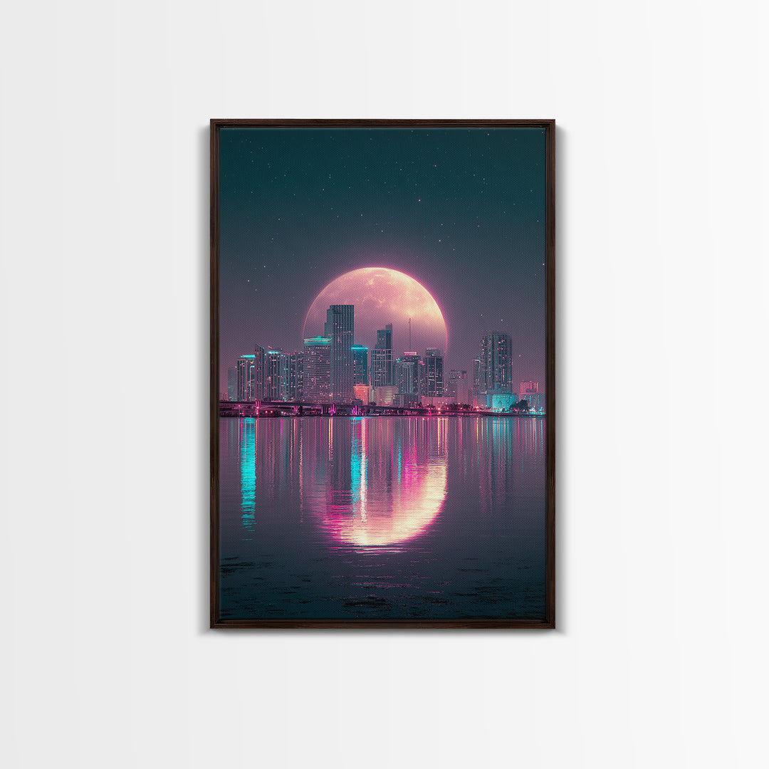 Giant Pink Moon Over Tropical Cityscape Sunset Urban Modern Wall Art Canvas Print