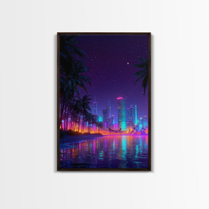 Neon Cityscape At Night With Reflections And Palm Trees Wall Art Framed Canvas Print For Modern Living Room Decor