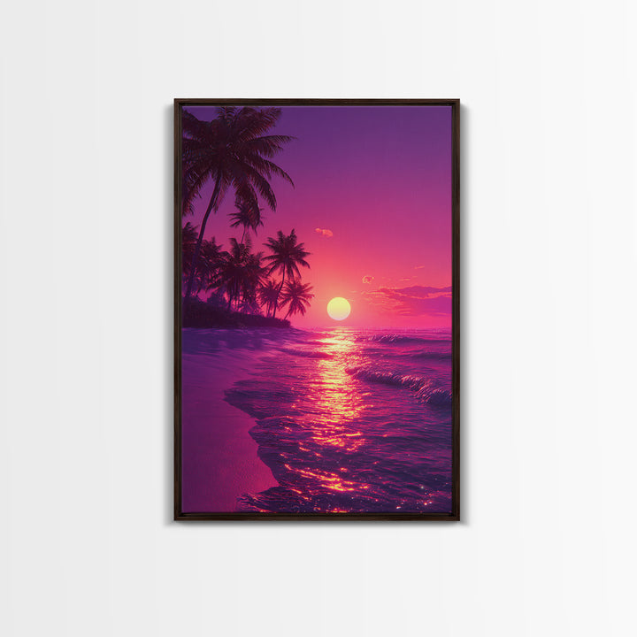 Tropical Sunset Beach Landscape Canvas Print With Pink Palm Trees And Ocean Waves Coastal Wall Art Home Decor For Living Room