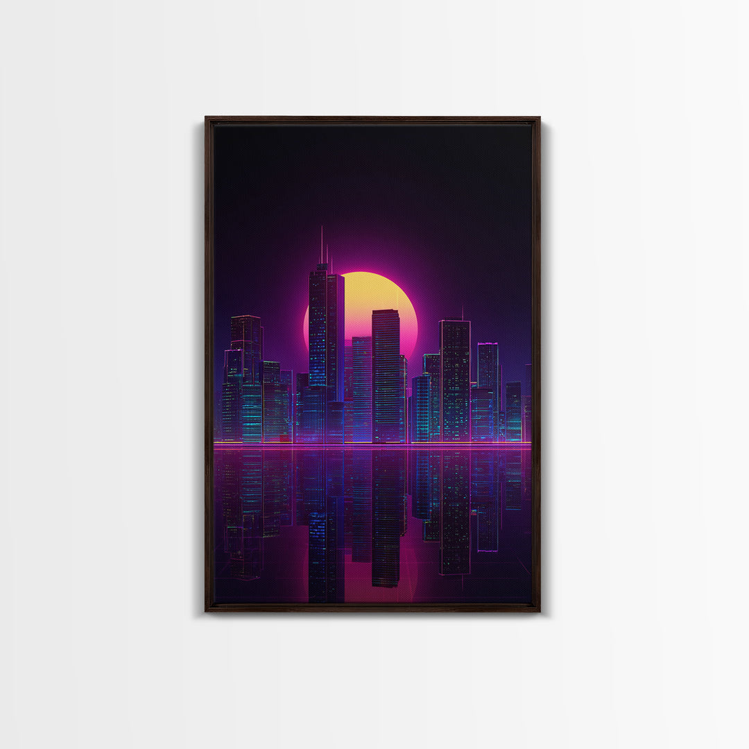 Futuristic Neon Cityscape With Purple And Pink Sunset Sci-Fi Wall Art Framed Canvas Print For Modern Living Room Decor