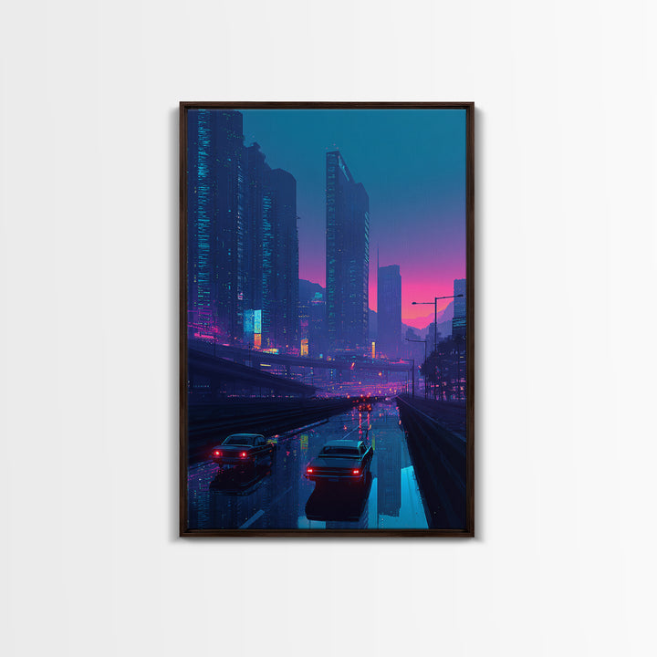 Cyberpunk Cityscape At Dusk With Neon Lights And Rain Reflections Modern Wall Art For Home Decor And Office