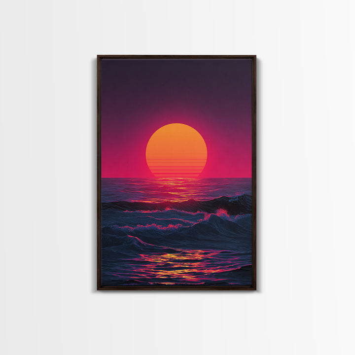 Vibrant Retro Abstract Neon Sunset Over Ocean Waves With Pink And Purple Horizon Wall Art Canvas Print For Bold Home Decor