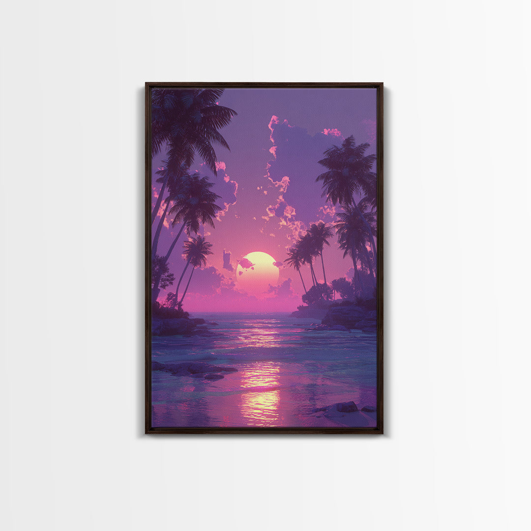 Peaceful Pink Purple Sunset Between Palm Trees Over Gentle Ocean Waves Framed Canvas Print For Home