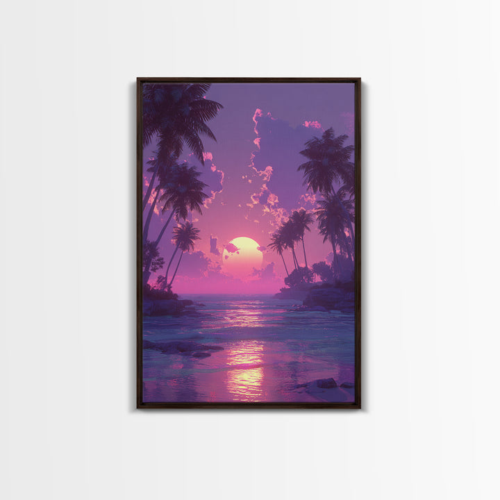 Peaceful Pink Purple Sunset Between Palm Trees Over Gentle Ocean Waves Framed Canvas Print For Home