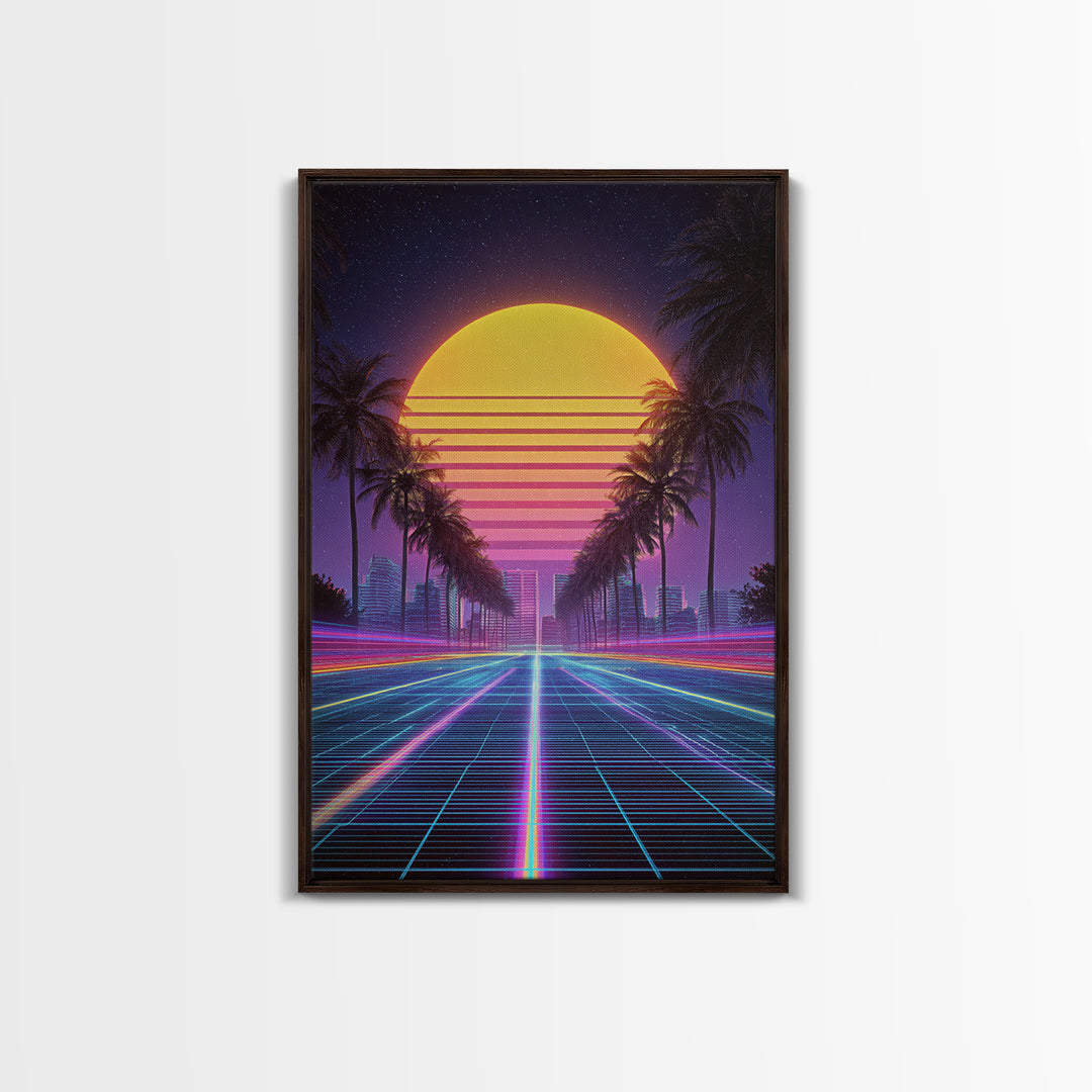 Retro Sunset Over Neon Cityscape With Palm Trees Digital Wall Art Framed Canvas Print Modern Wall Decor