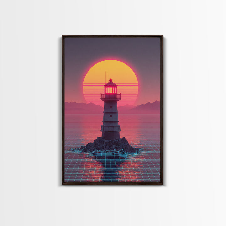 Retro Futuristic Neon Sunset Lighthouse Cityscape Digital Art Vibrant Large Wall Art Framed Canvas Print Modern Decor