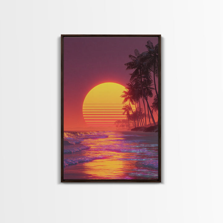 Bright Neon Orange Sun Over Tropical Beach Palm Trees With Stunning Waves Canvas Print Vibrant Modern Wall Art For Home