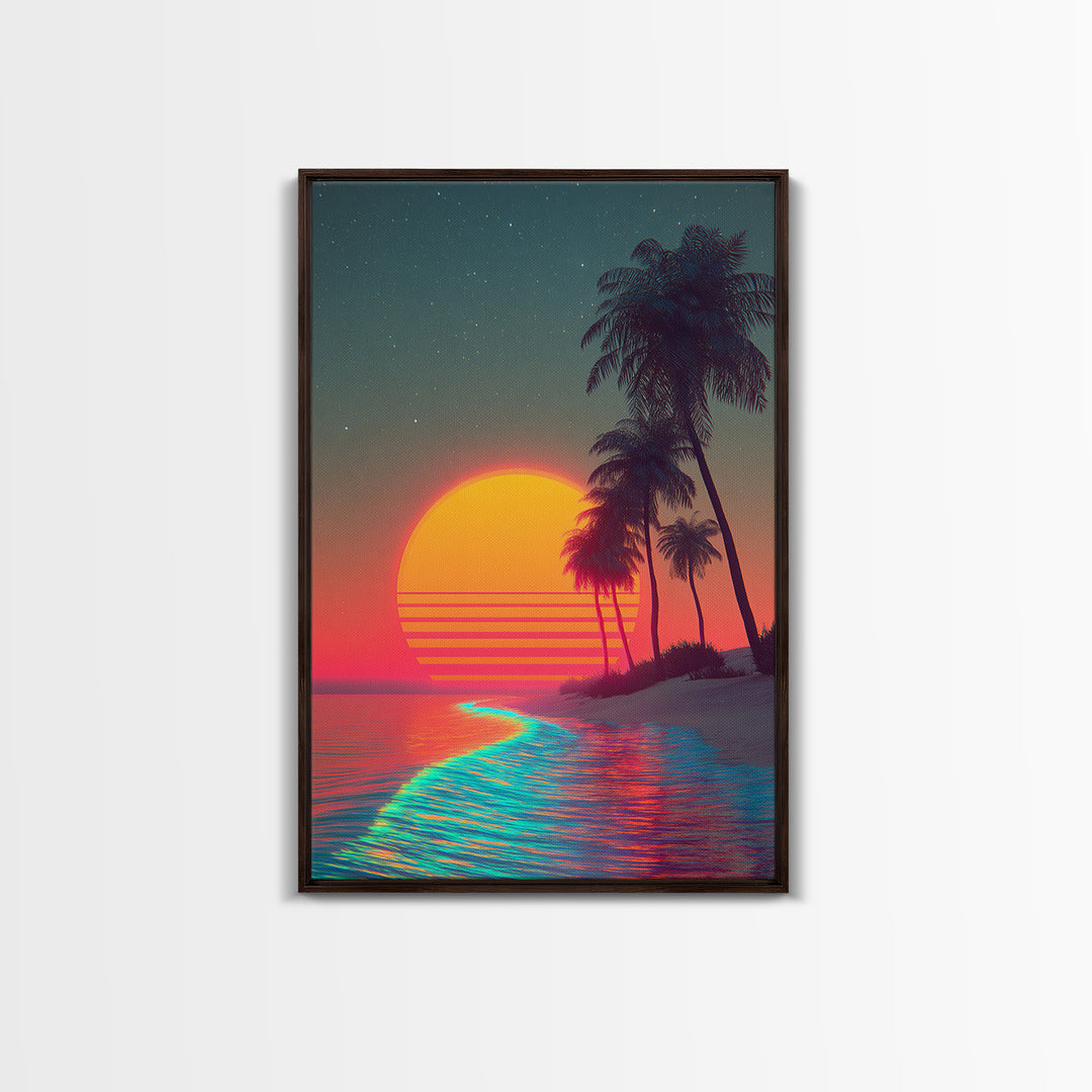 Retro Sunset Beach Landscape With Vibrant Neon Ocean Waves And Palm Trees Canvas Print For Modern Coastal Home Decor