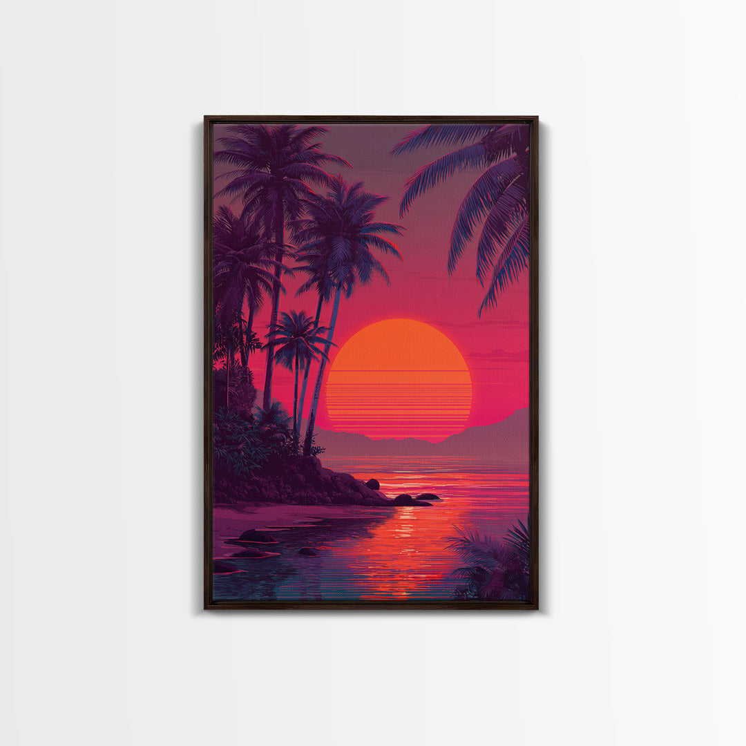 Evocative Tropical Sunset Island Coastal Artwork With Vibrant Red And Pink Sky Canvas Print For Modern Tropical Wall Decor