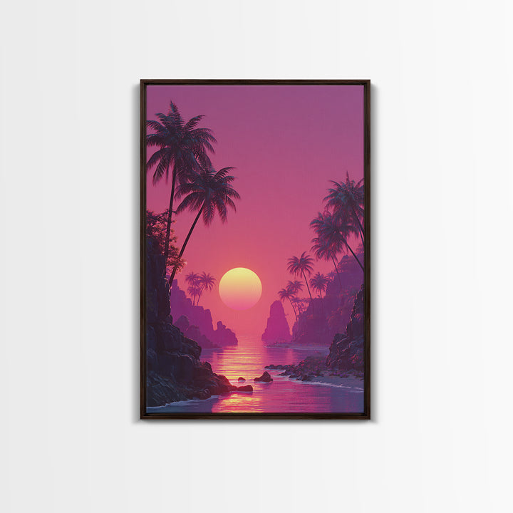 Stunning Pink Sunset Tropical Beach Landscape With Palm Trees Wall Art Canvas Print For Coastal Home Decor And Bedroom